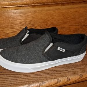 Vans slip-on skate shoes, black and charcoal, good condition, size 9.5